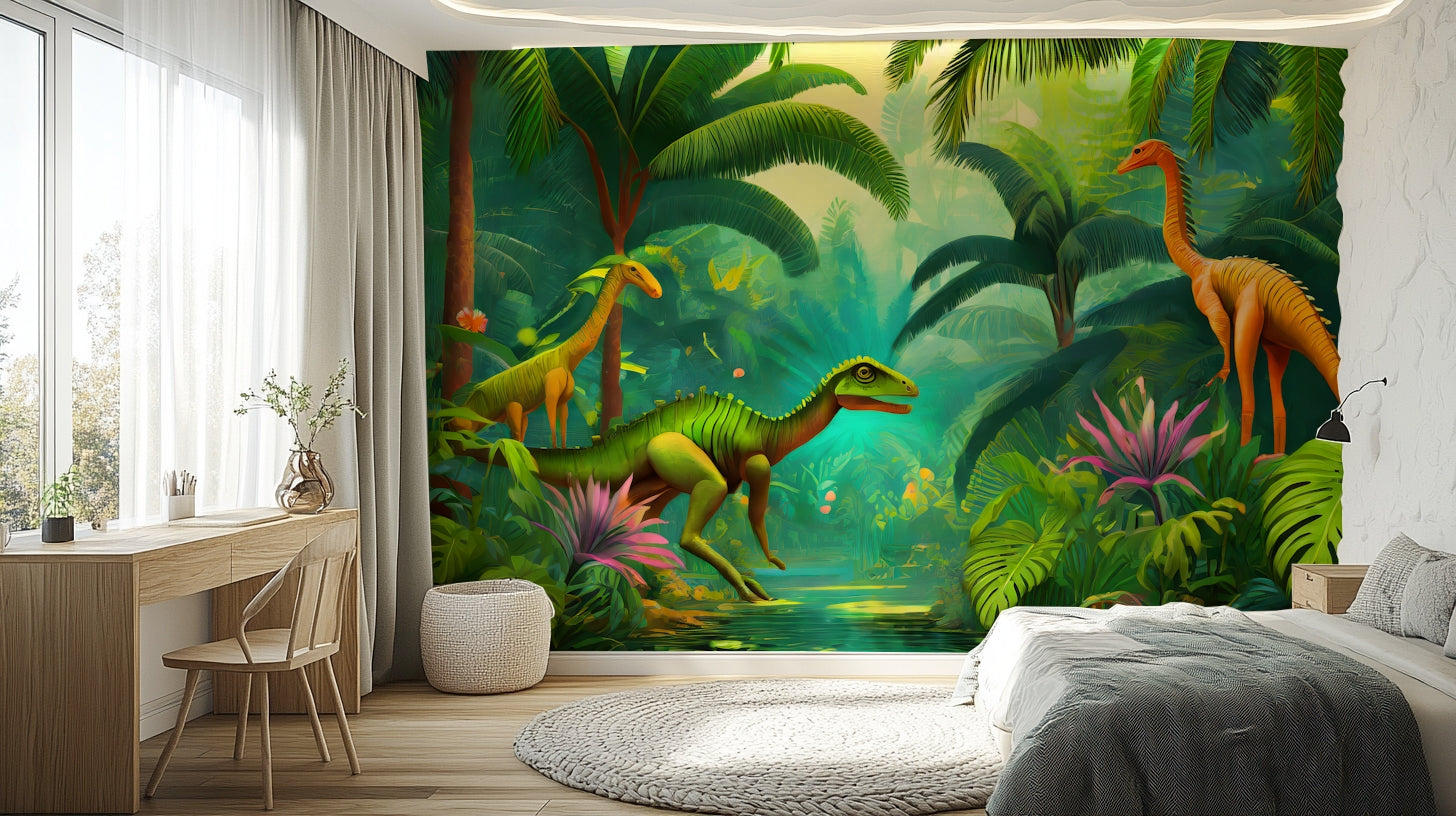 Detailed dinosaur scene wallpaper for walls


