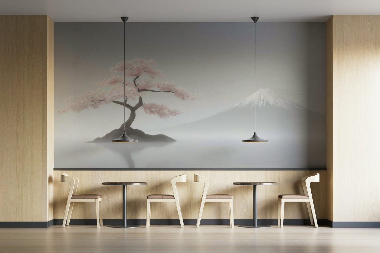 Bedroom decorated with sakura wallpaper mural

