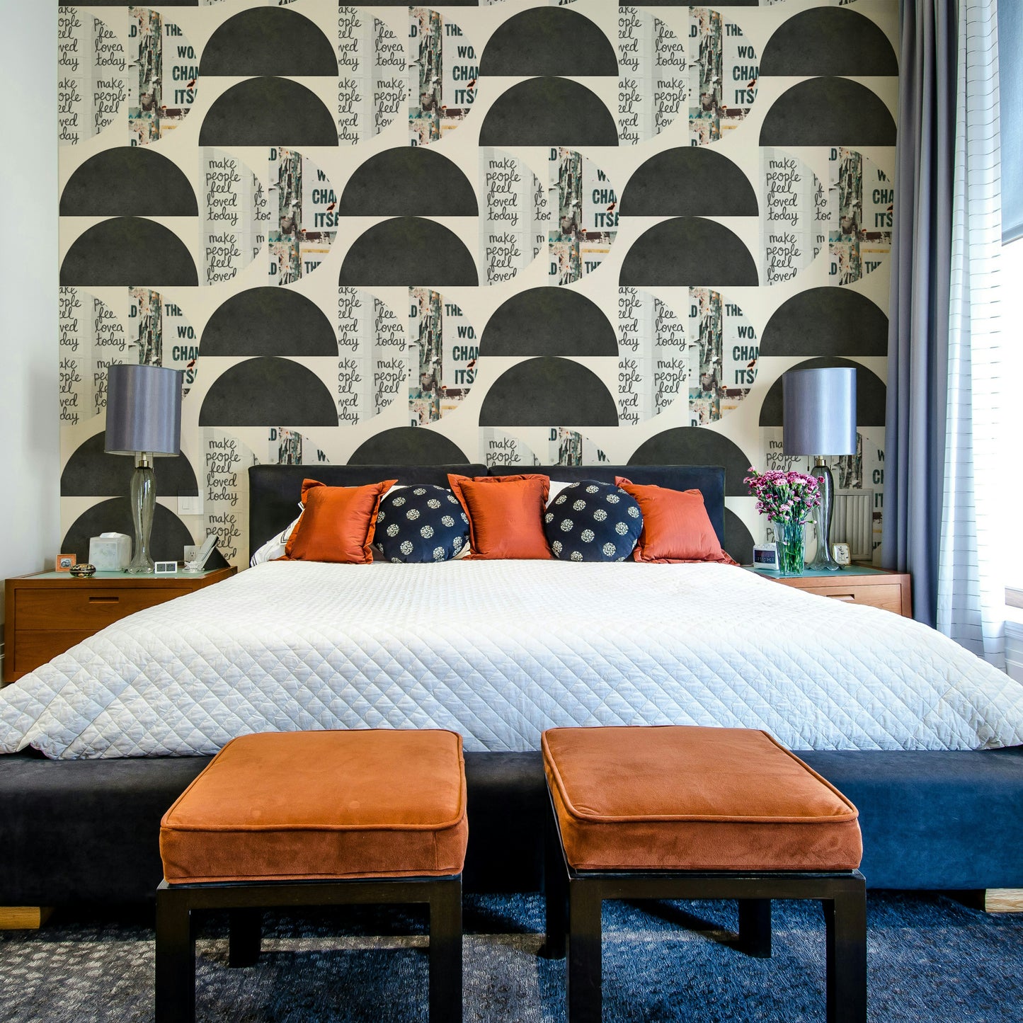 Pattern wallpaper for walls combining text and shapes

