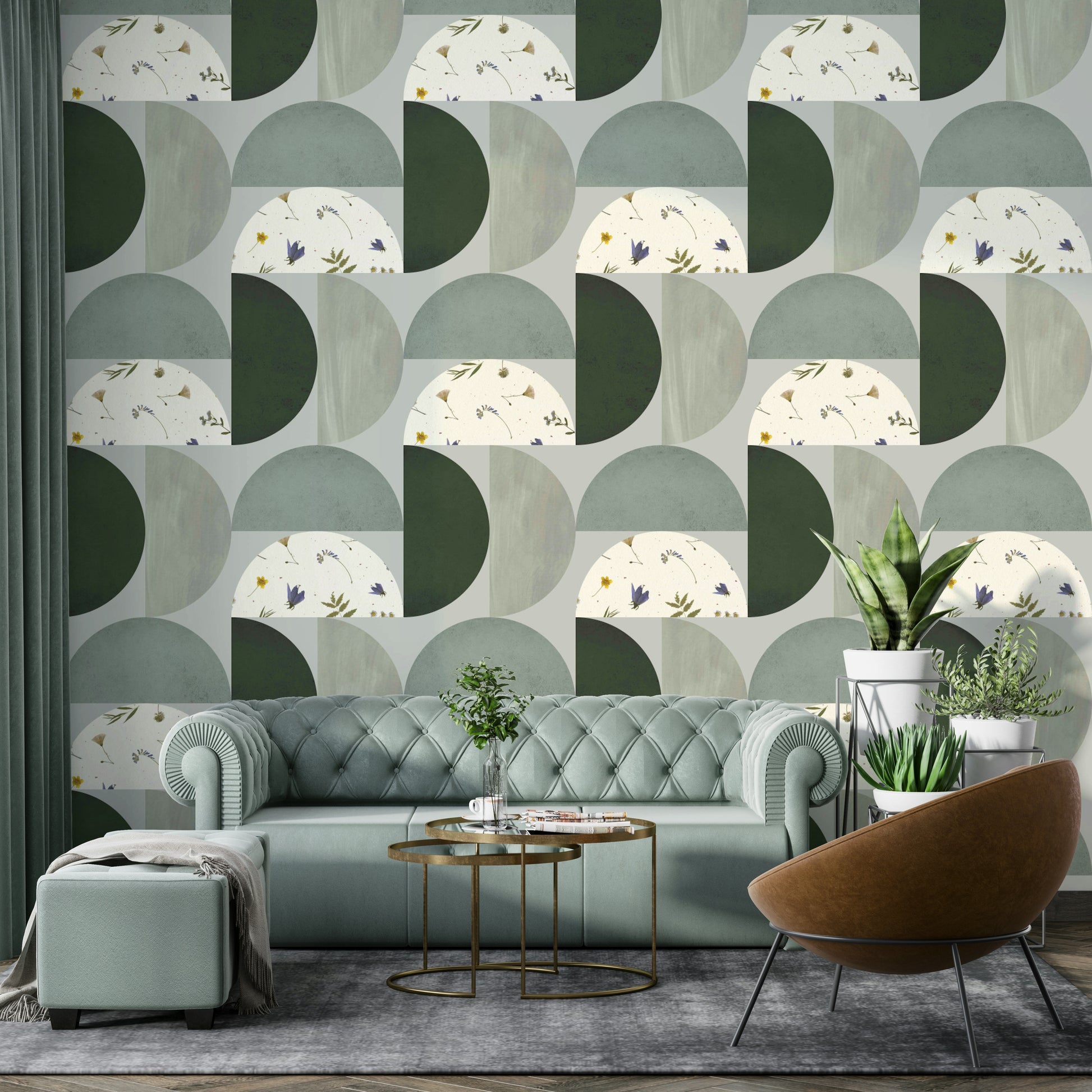 Wall mural in muted neutral tones and layered texture

