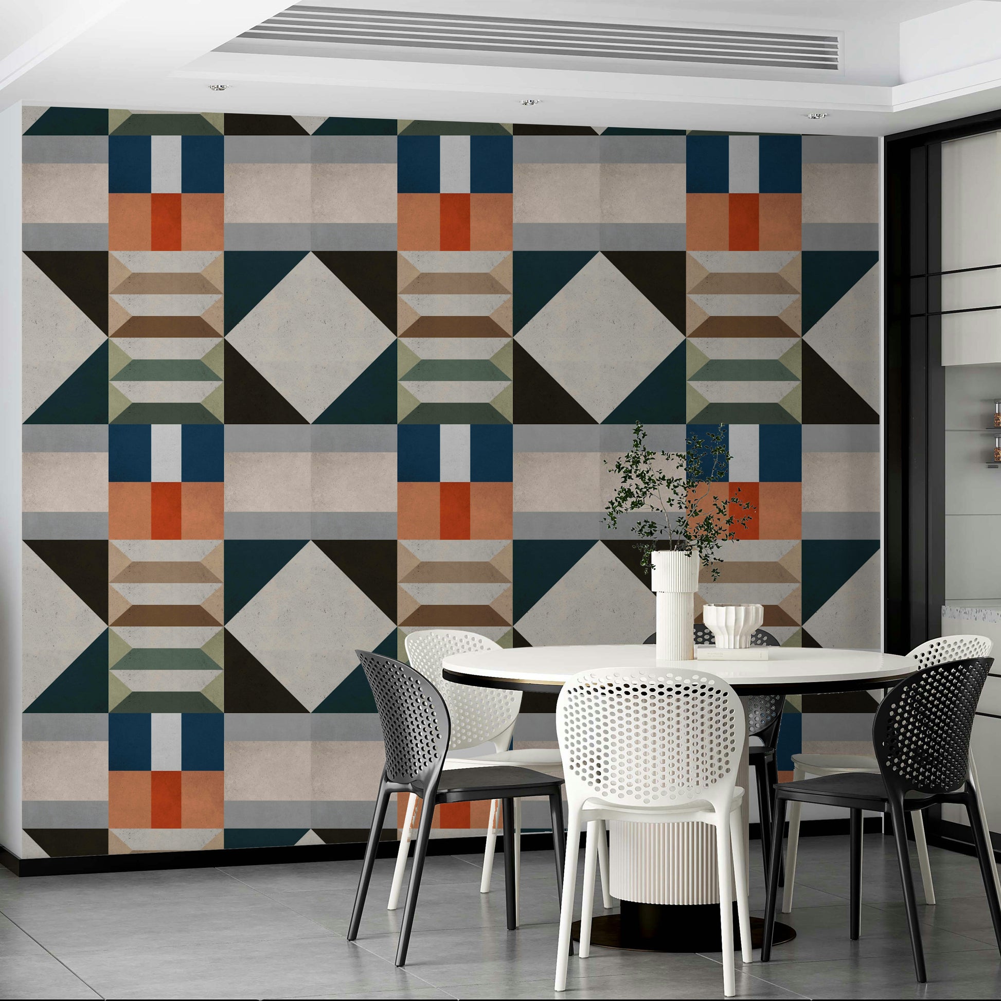 Wall mural featuring retro shapes in soft green tones

