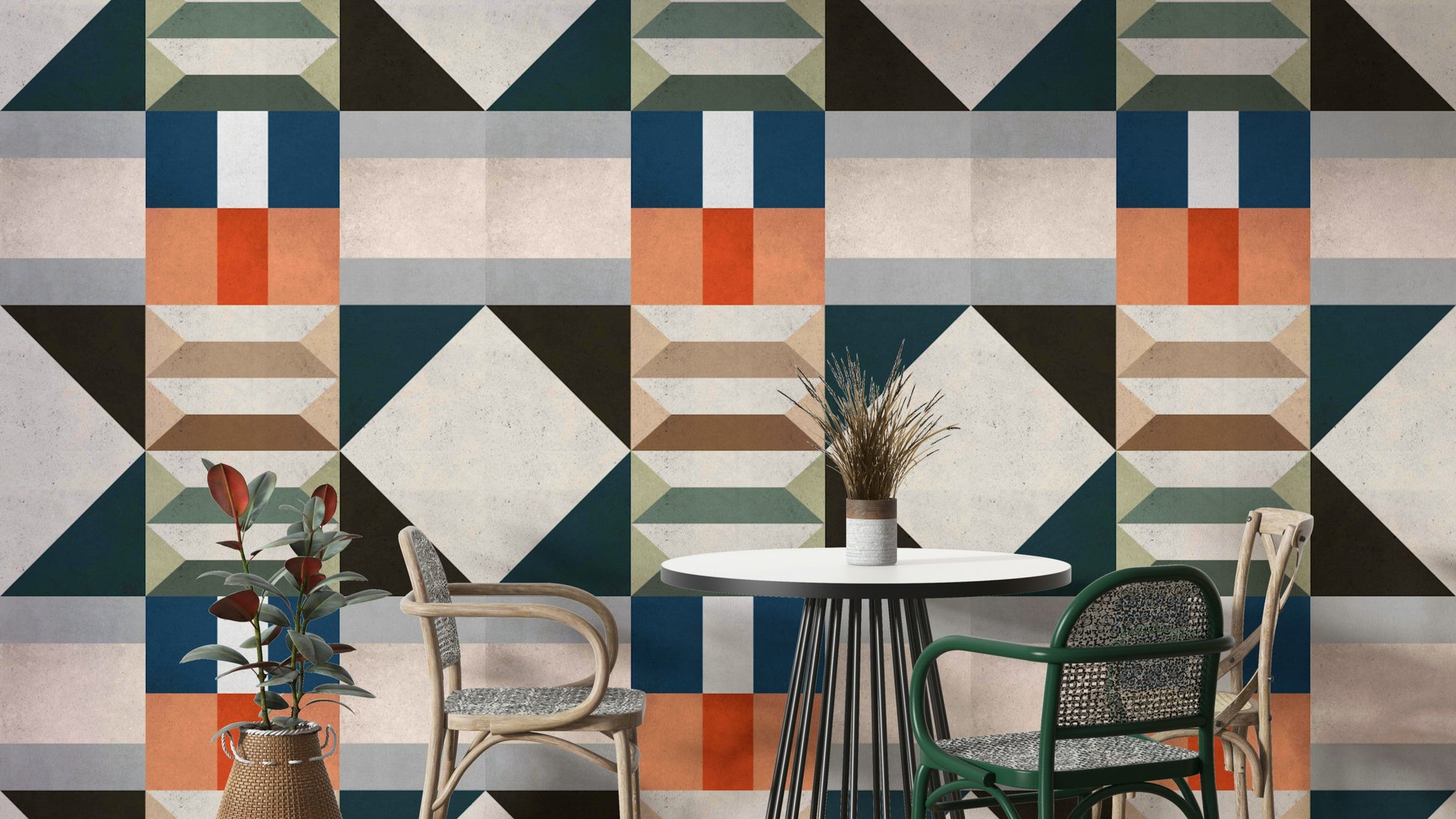 Mid-century mural wallpaper with green graphic design

