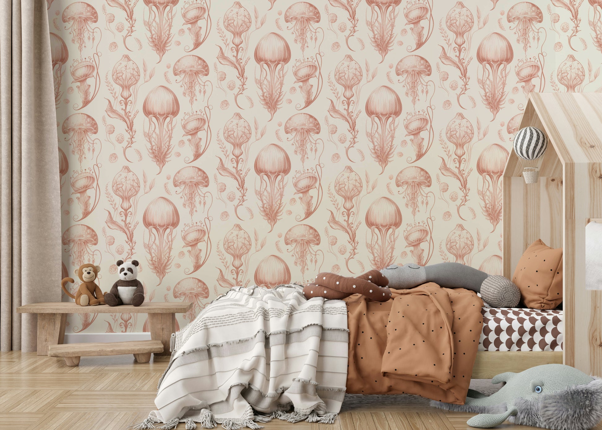 Serene jellyfish wallpaper in soft peach and cream colors

