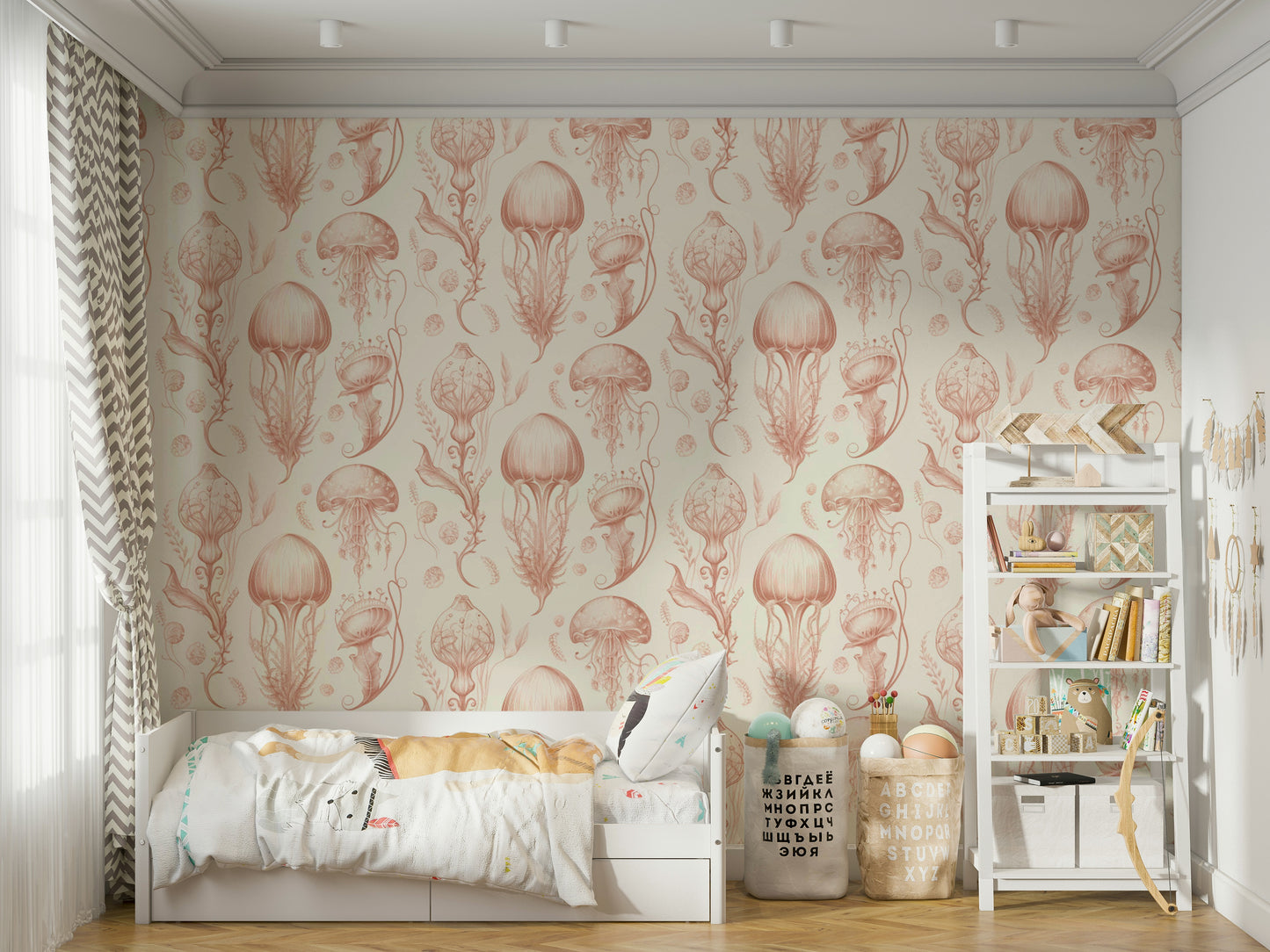 Elegant jellyfish design wallpaper in peach and cream tones


