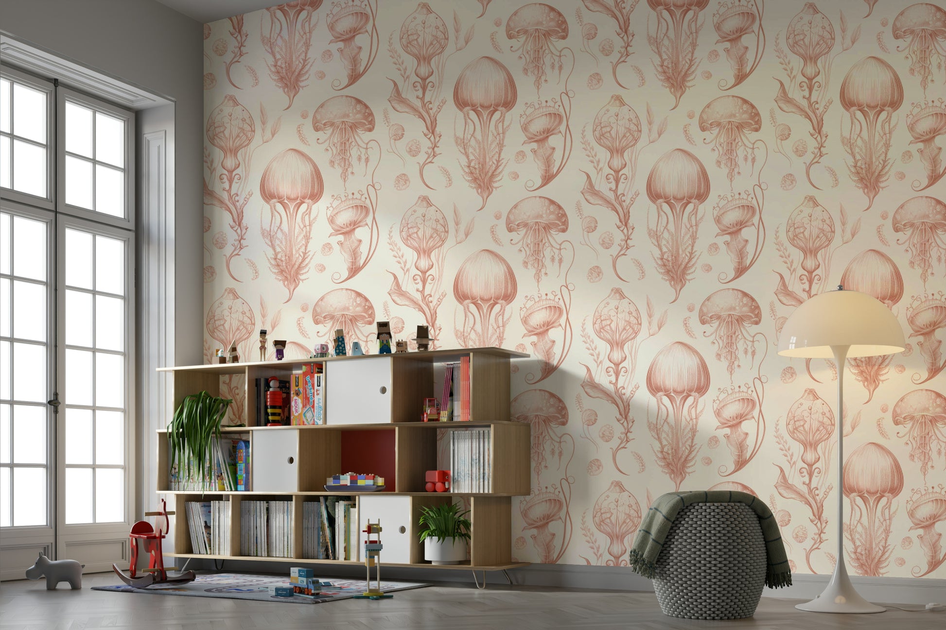 Beautiful jellyfish wallpaper with peach and cream design

