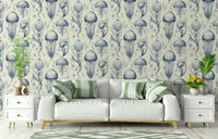 Serene jellyfish design wallpaper in Delft Blue and Cream

