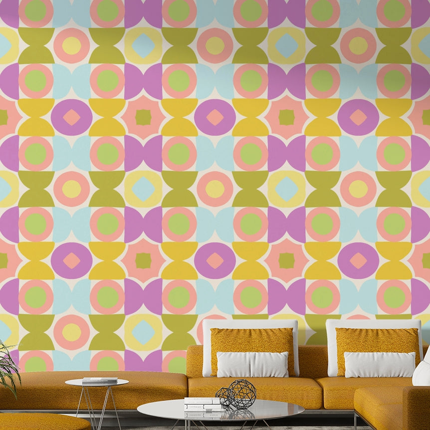 Kaleidoscope Kisses wallpaper with bright hues for living rooms

