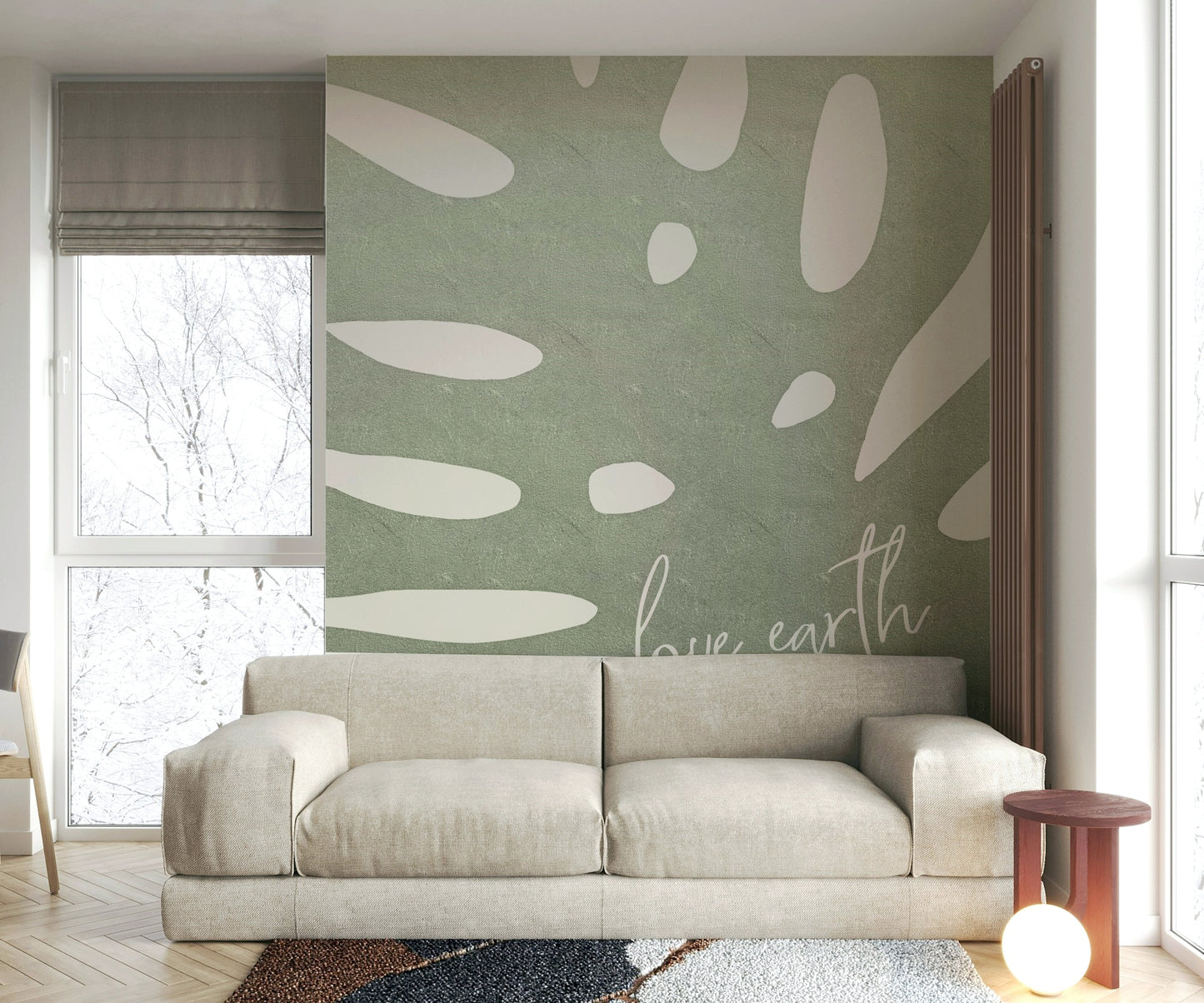 Green botanical Love Earth mural for eco-conscious homes

