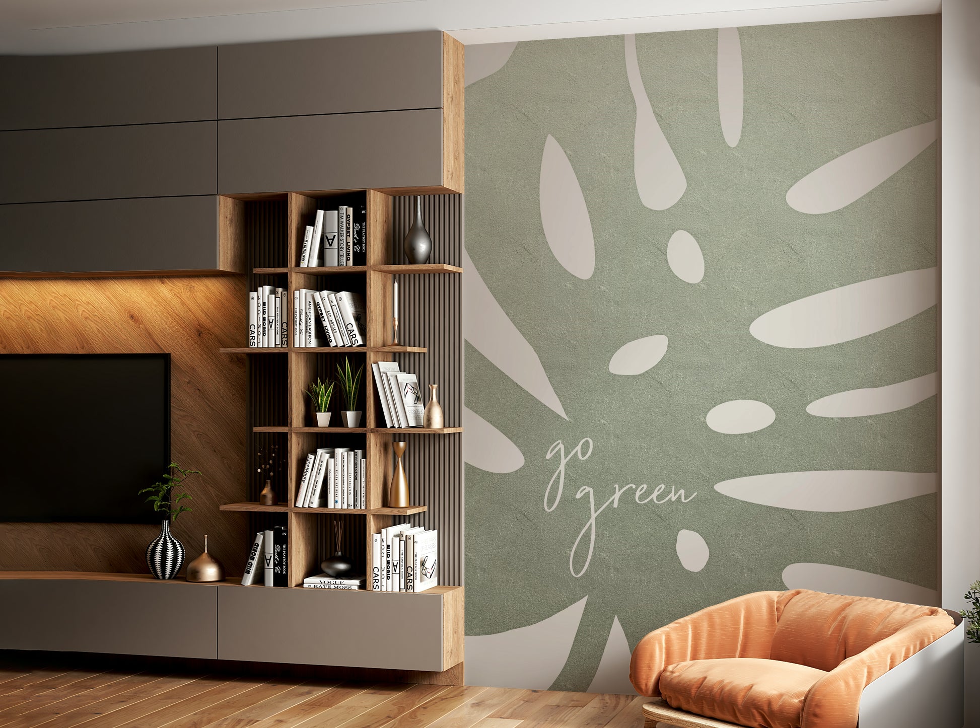 Bright green botanical mural for modern home design

