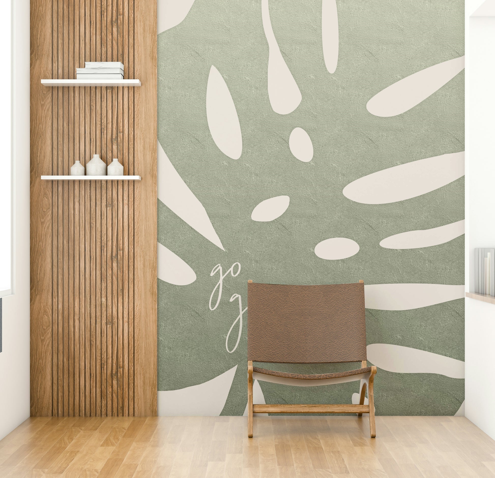 Nature-themed green mural wallpaper for living rooms

