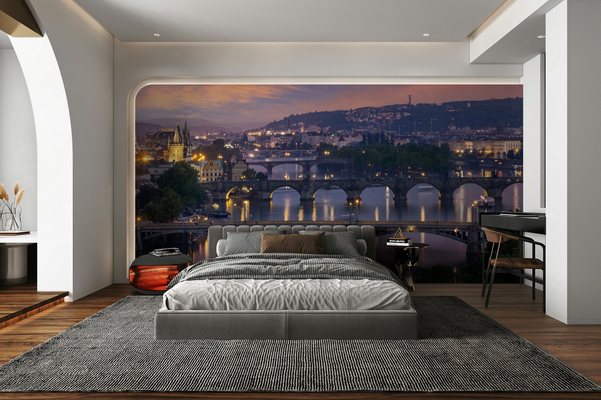 River Vltava and Prague skyline wall mural at sunset

