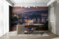 Prague cityscape wall mural with Vltava river bridges


