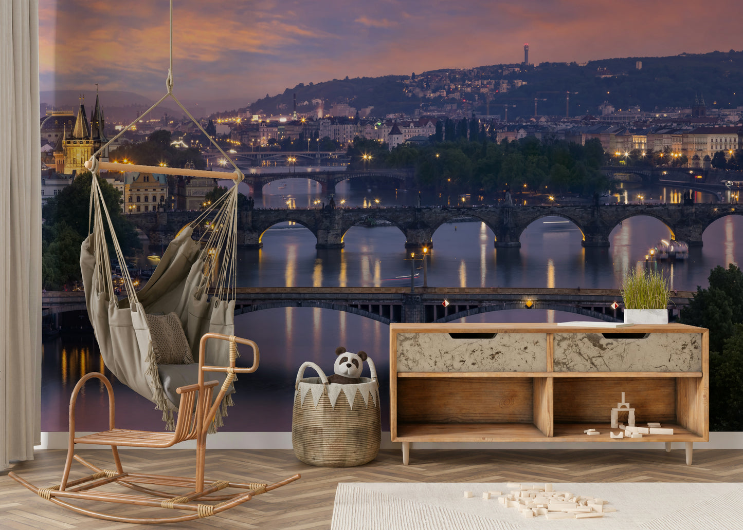 Vltava River bridges with Prague city skyline mural

