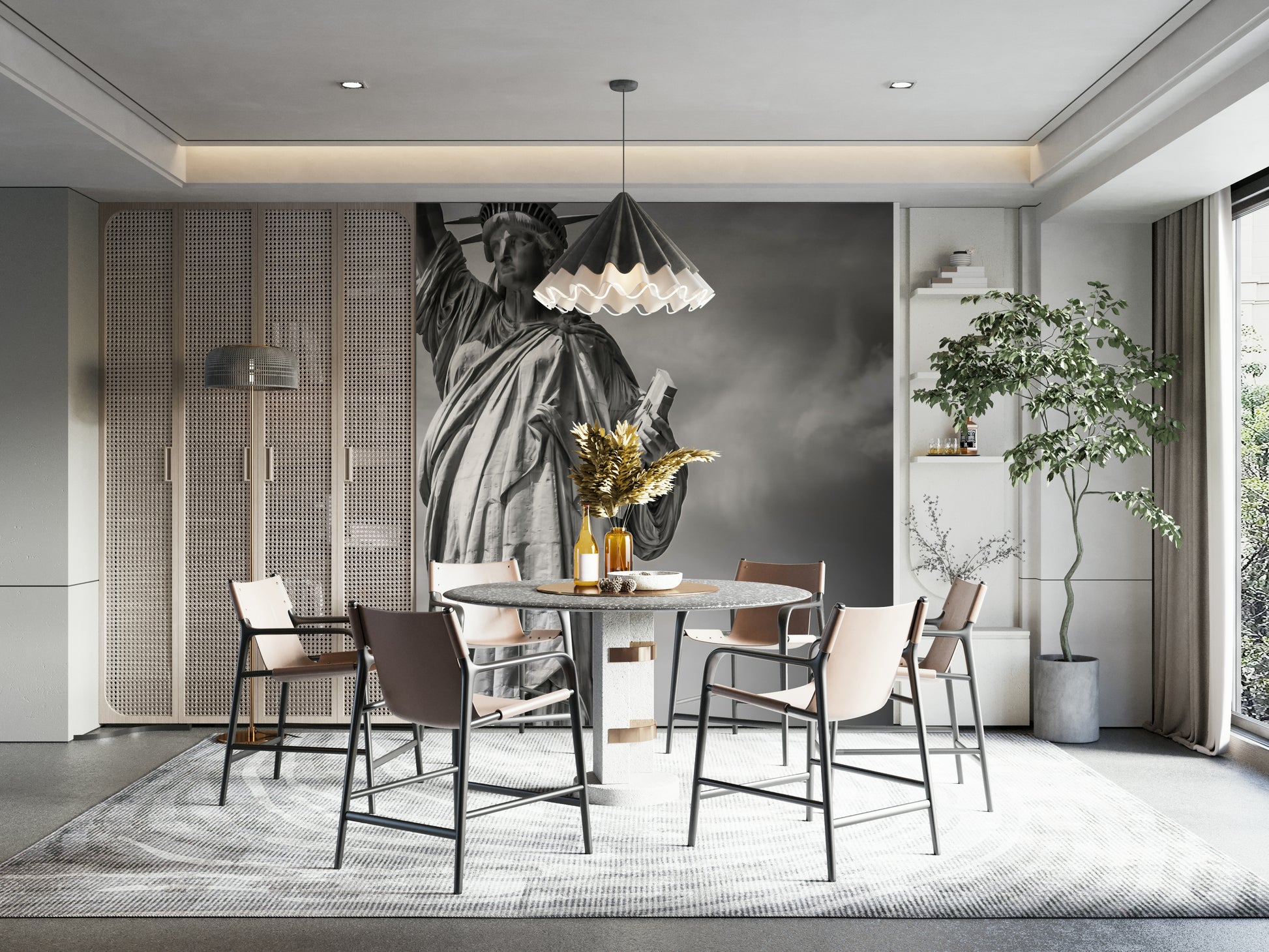 Vibrant Statue of Liberty wall mural with city backdrop

