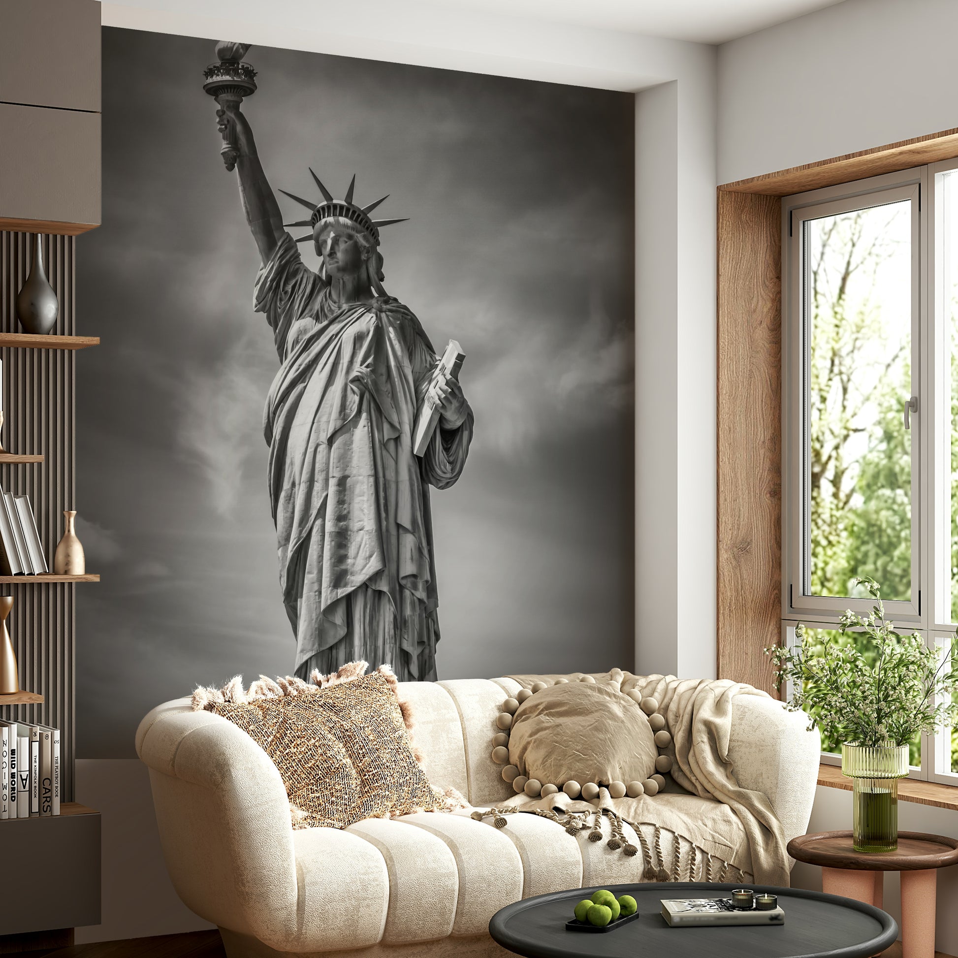 Artistic mural of the Statue of Liberty against a sunset

