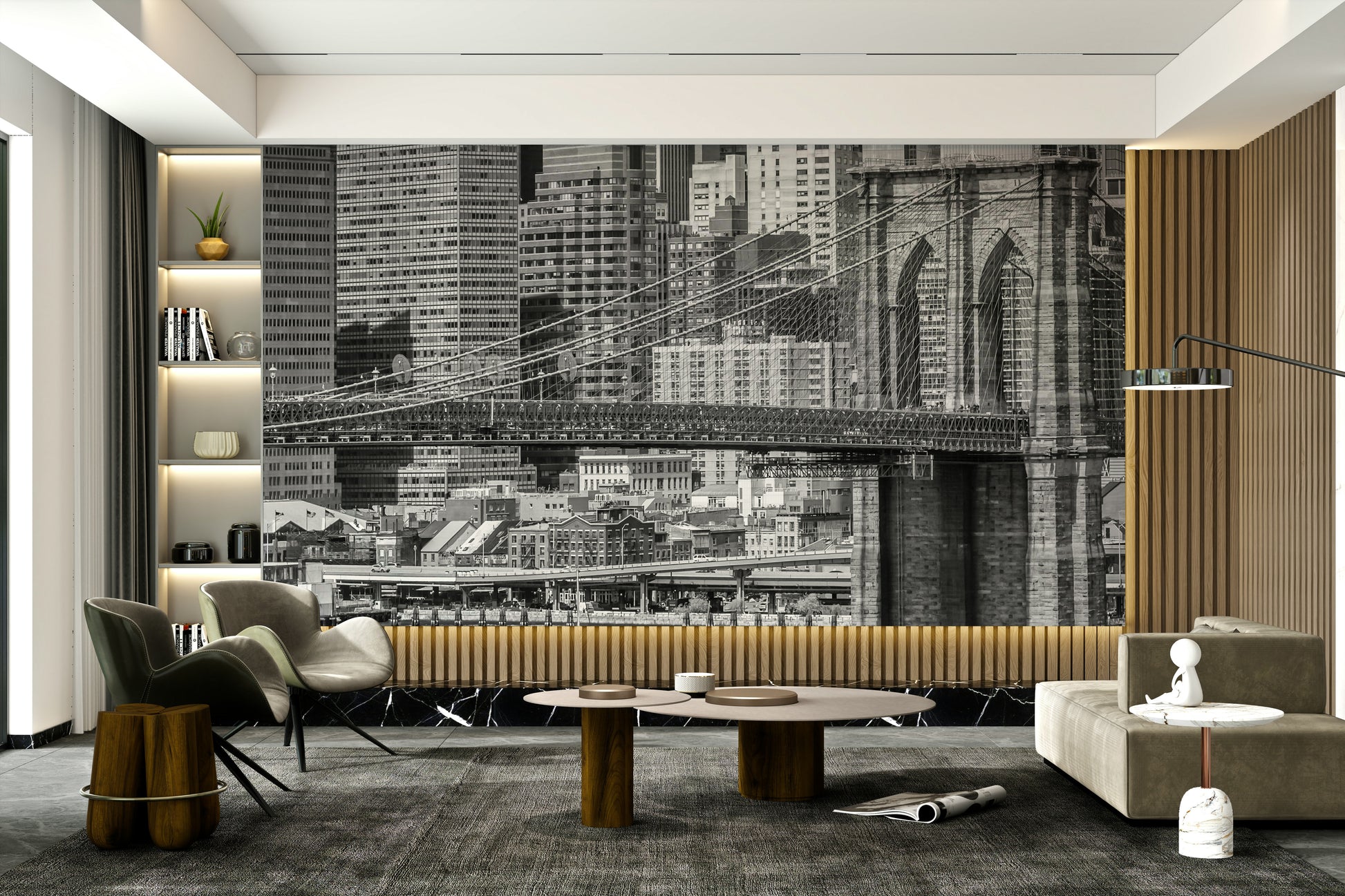 Sunset over Brooklyn Bridge with Manhattan skyline mural

