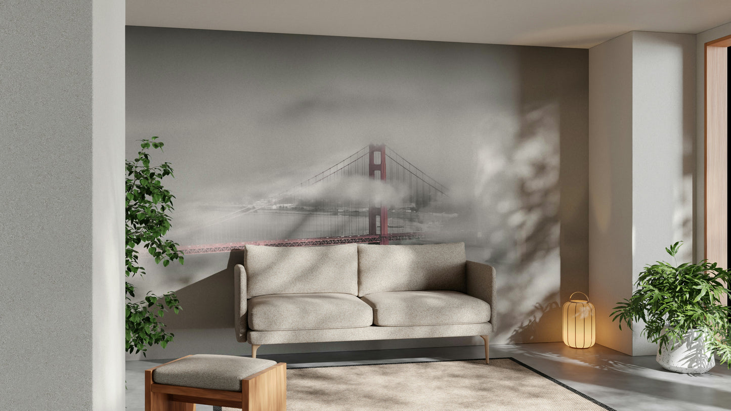 Golden Gate Bridge view enveloped in fog wall mural.

