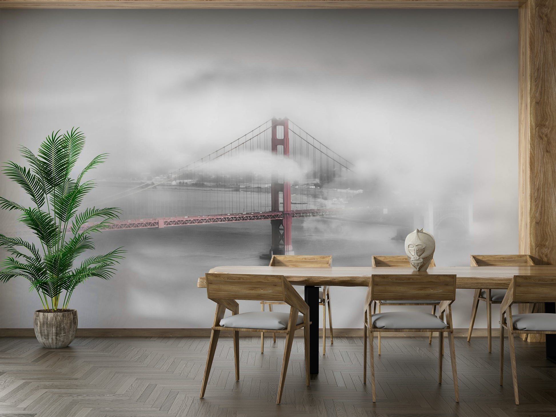San Francisco's Golden Gate Bridge shrouded in fog mural.

