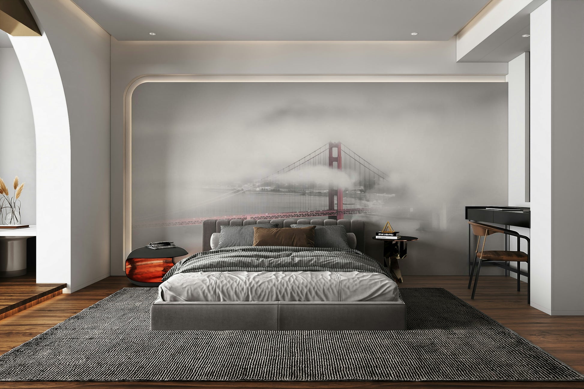 Atmospheric fog covering Golden Gate Bridge in mural.

