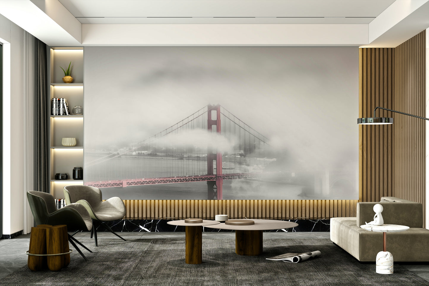 Foggy Golden Gate Bridge wall mural with soft mist.

