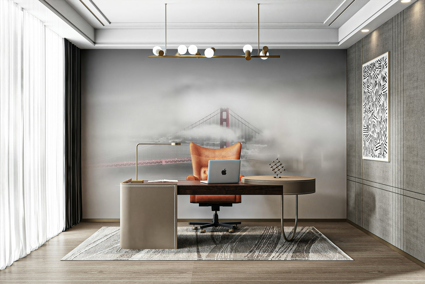 Artistic Golden Gate Bridge in fog wall mural design.

