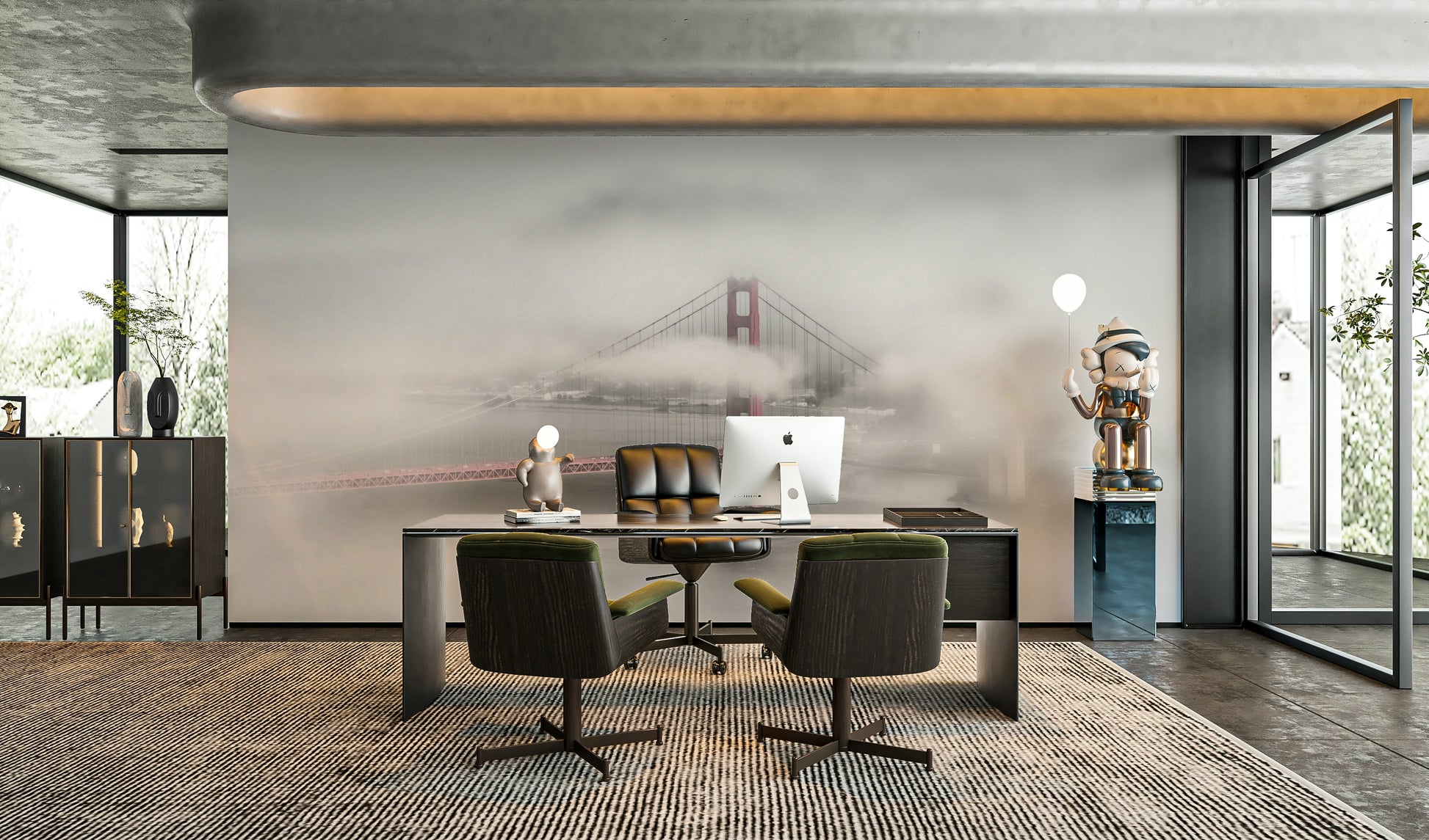 Mysterious fog surrounding Golden Gate Bridge in mural.

