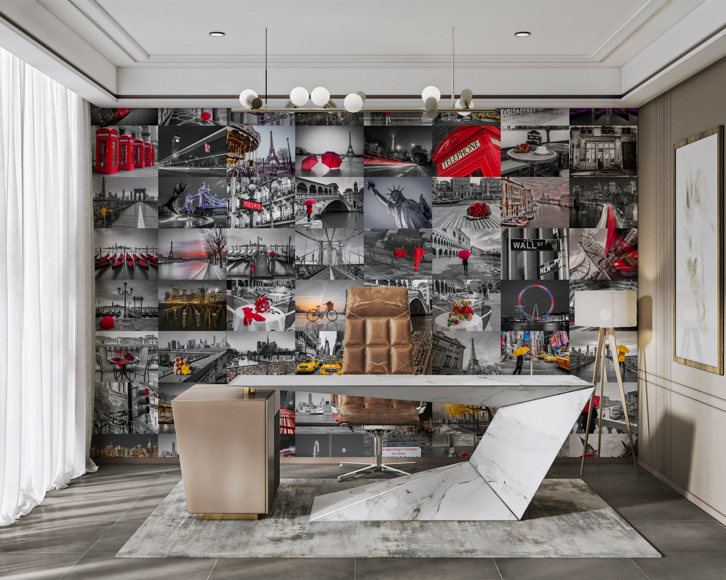 Modern city collage mural showcasing busy street life.

