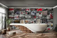 Colorful city skyline collage mural for living rooms.

