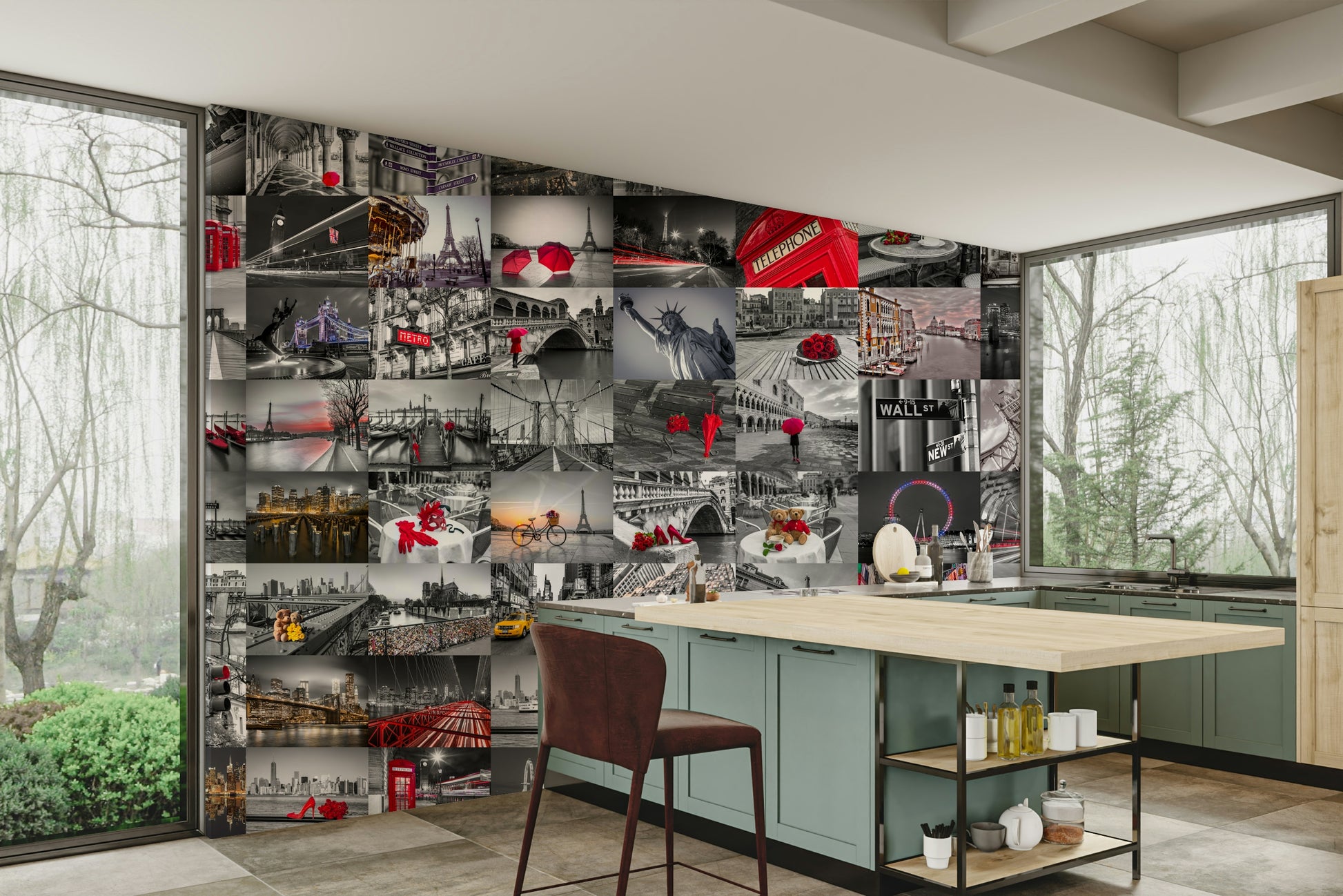 Bold and dynamic cityscape wall design for stylish interiors.

