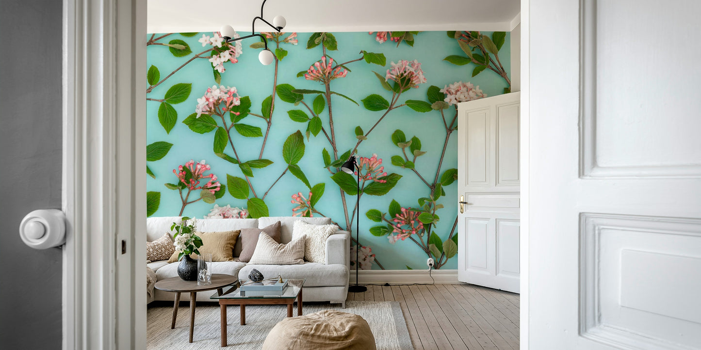 Floral mural featuring Viburnum Juddii flowers in pastel hues.

