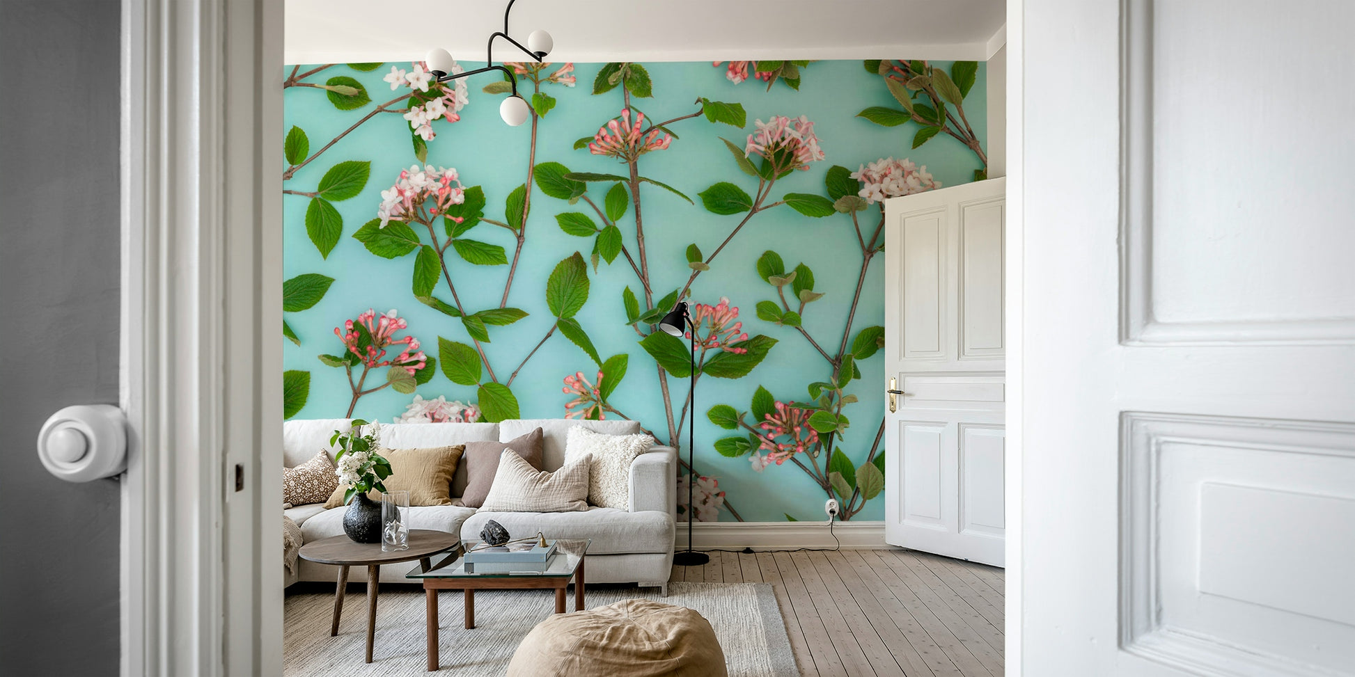 Floral mural featuring Viburnum Juddii flowers in pastel hues.

