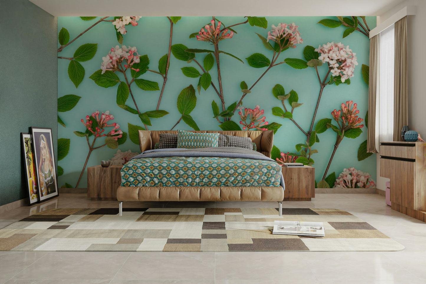A soft and colorful Viburnum Juddii flowers wall design.

