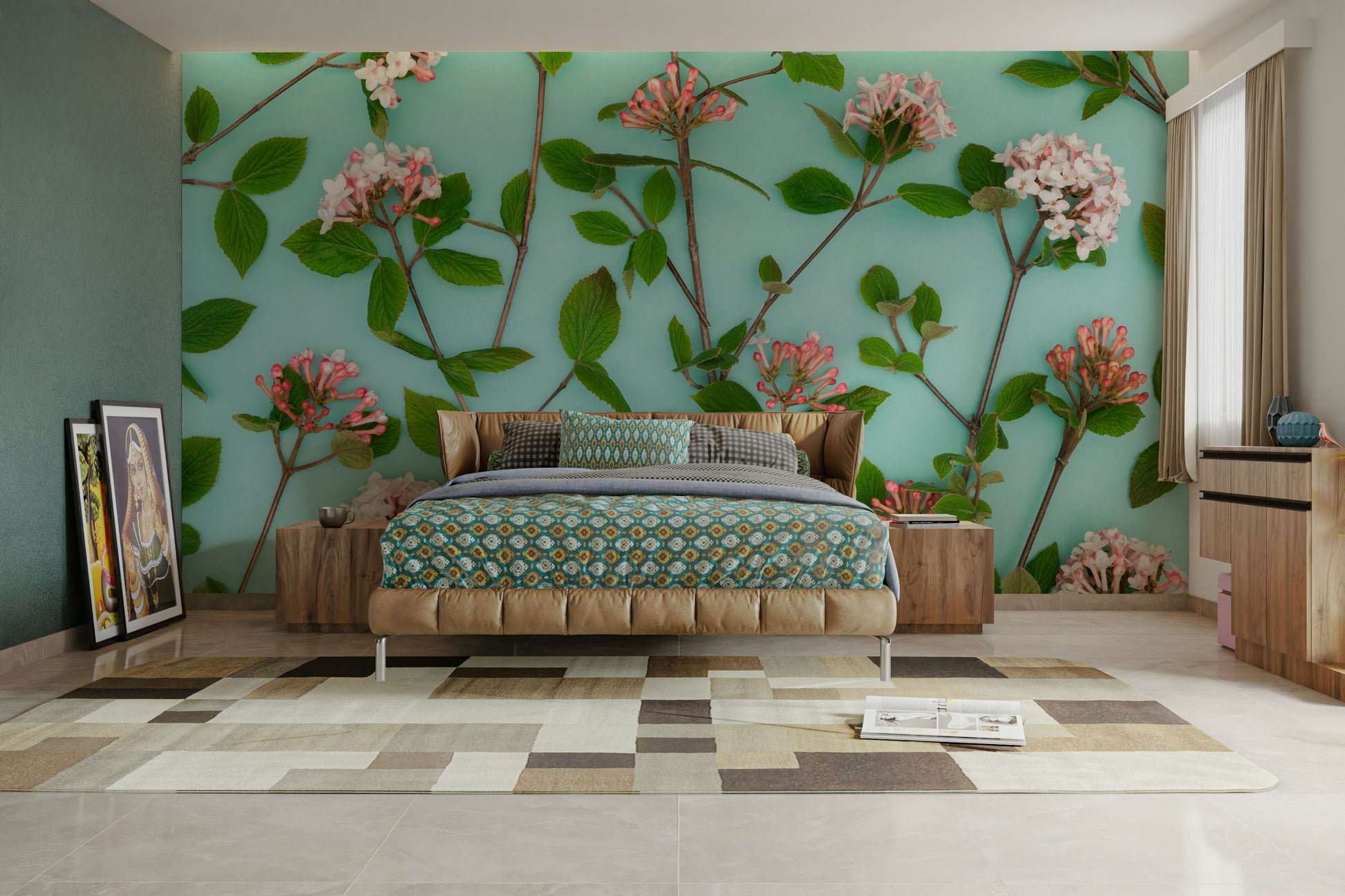 A soft and colorful Viburnum Juddii flowers wall design.

