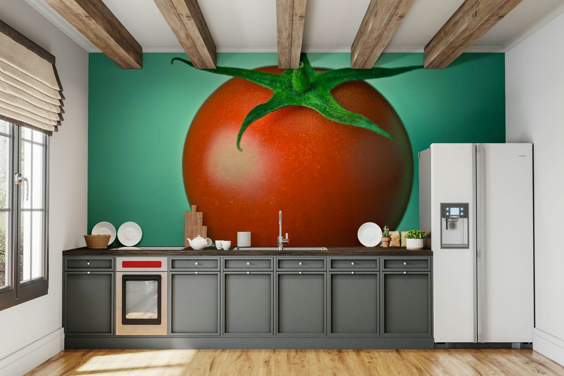 Red tomatoes on vine wall mural bringing nature indoors

