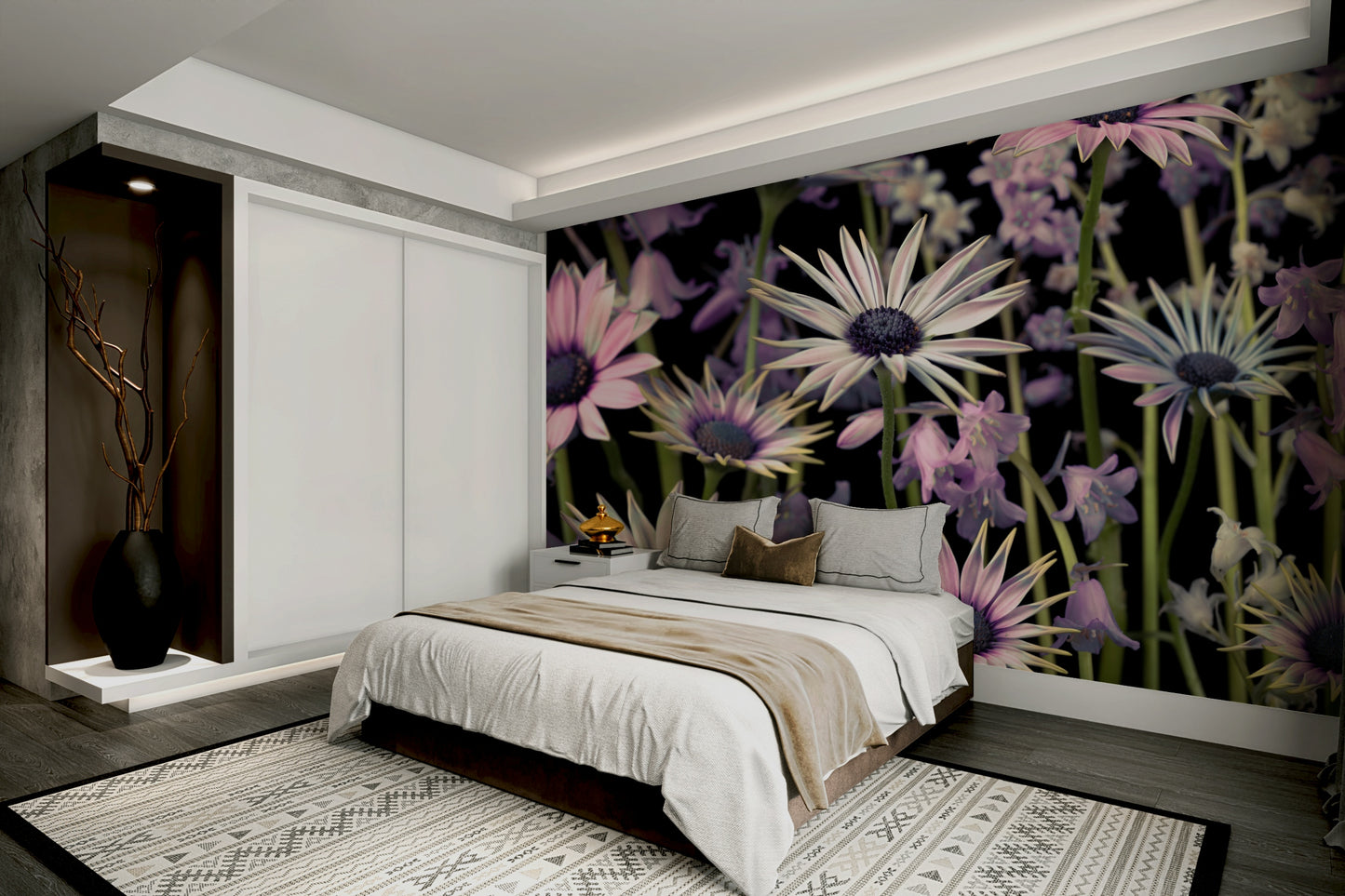 Close-up of delicate meadow flowers set against a dark backdrop

