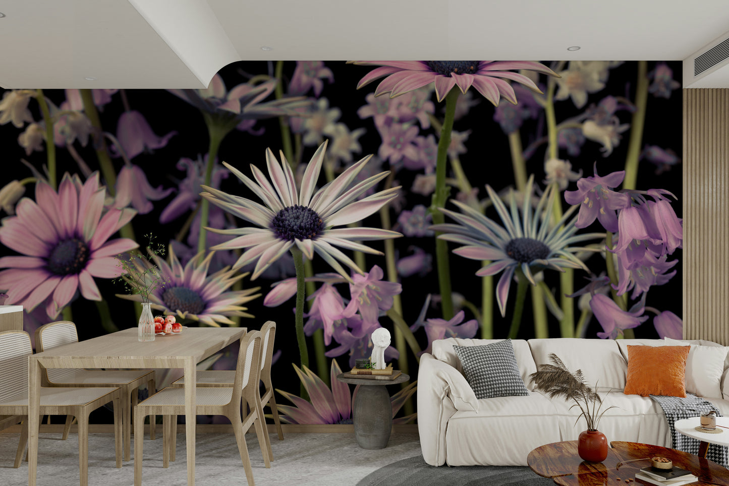 Detailed flowers in shades of pink and purple in full bloom

