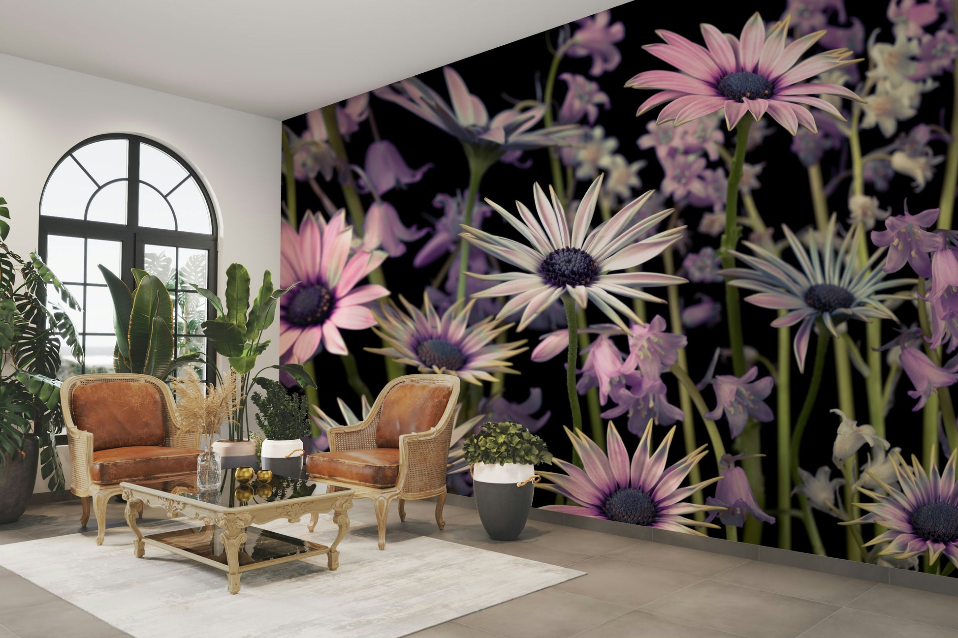 Nature-inspired wall mural with vibrant meadow flowers

