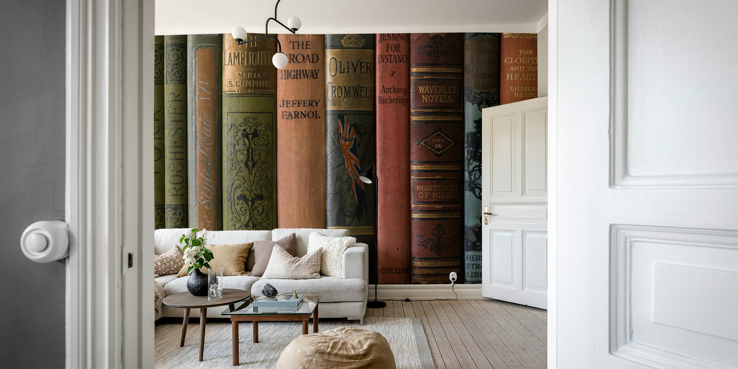Classic Book Spines Wall Mural featuring vintage book designs


