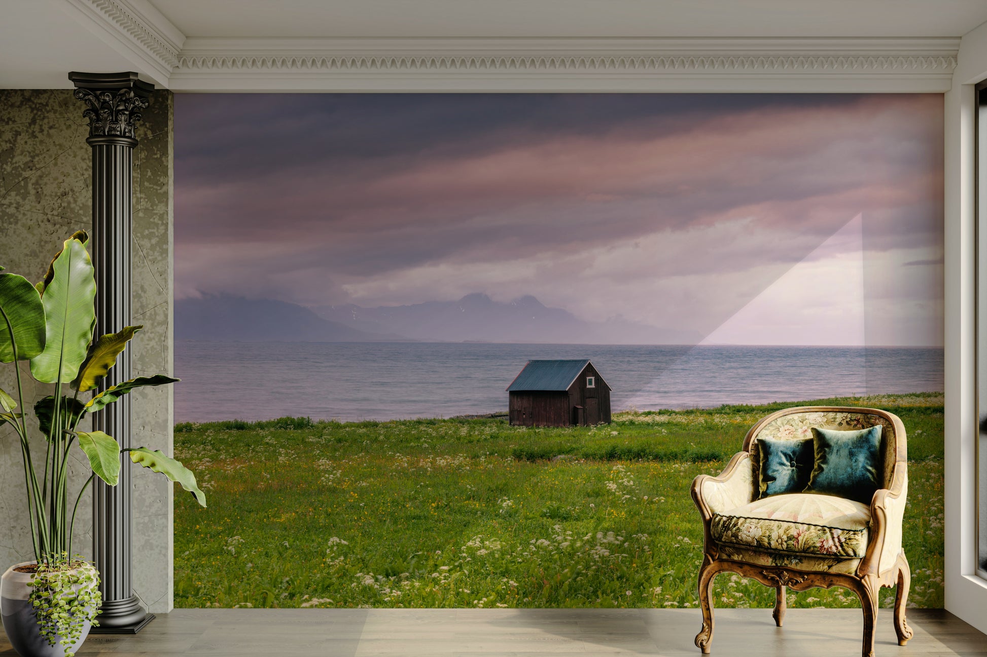 Tranquil hues of blue, green, and sand in this calming mural wallpaper

