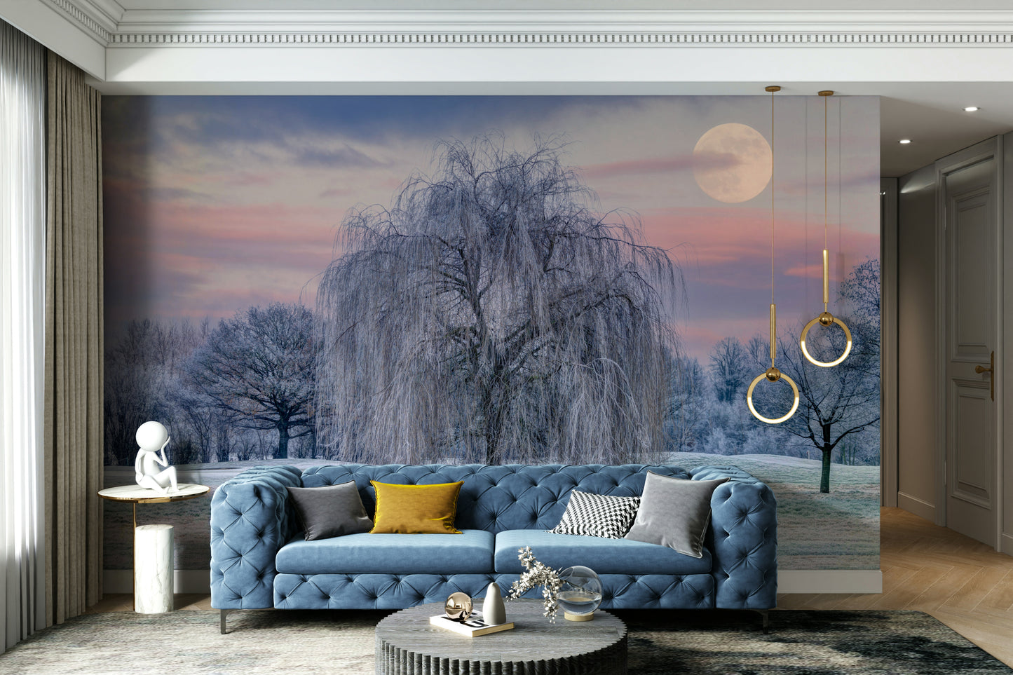 Gentle winter landscape mural for a tranquil atmosphere

