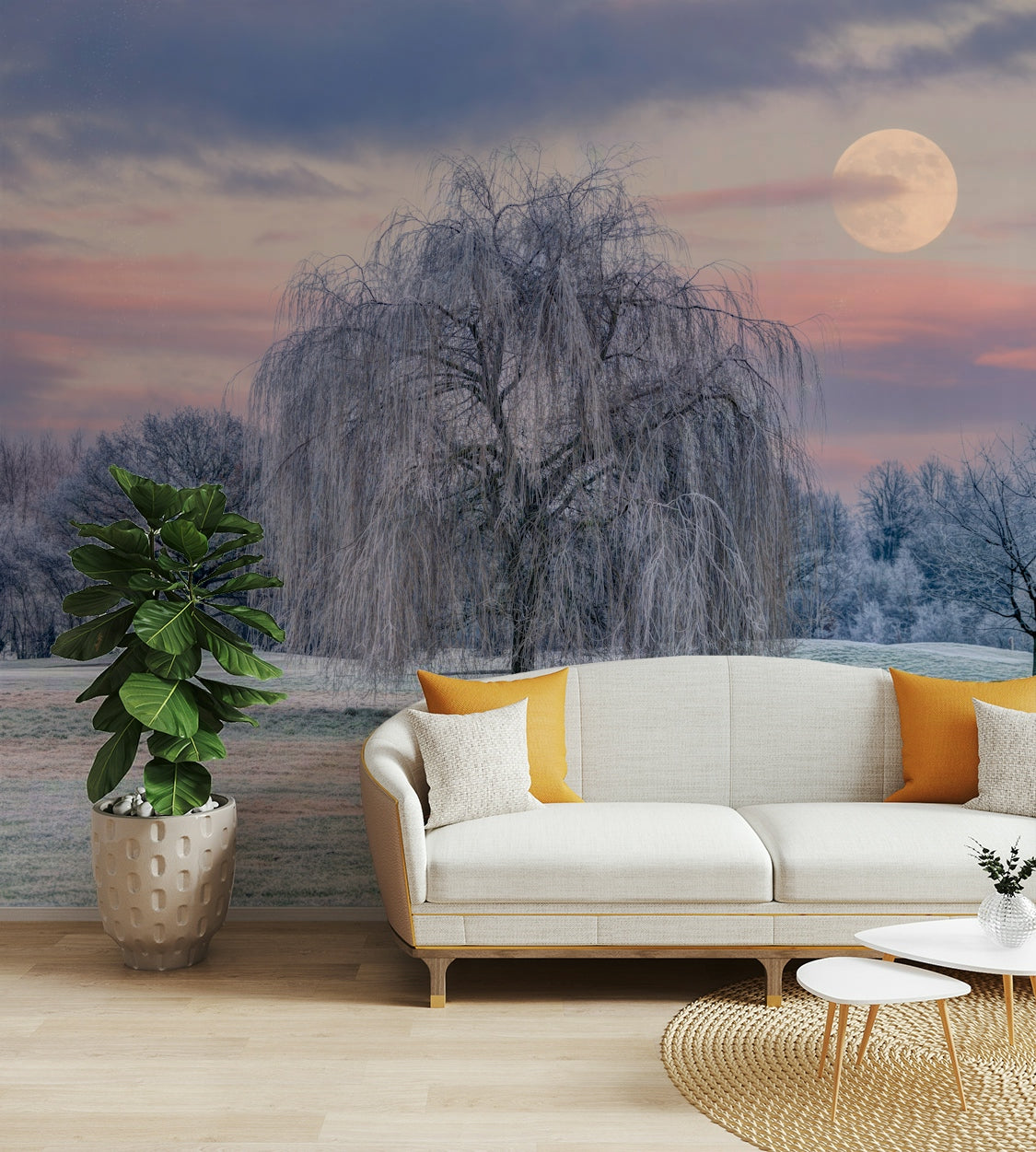 Serene winter night captured in soft blues, purples, and silvers

