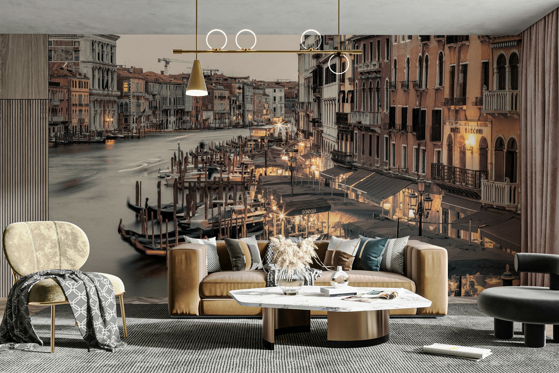 Gondolas floating along quiet Venice waterways

