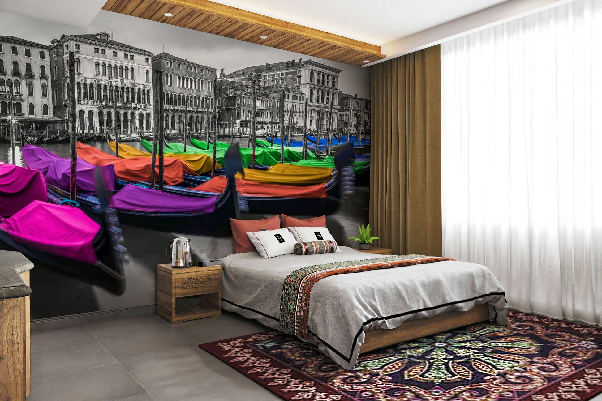 Colorful cloth-covered gondolas along the Venice canals

