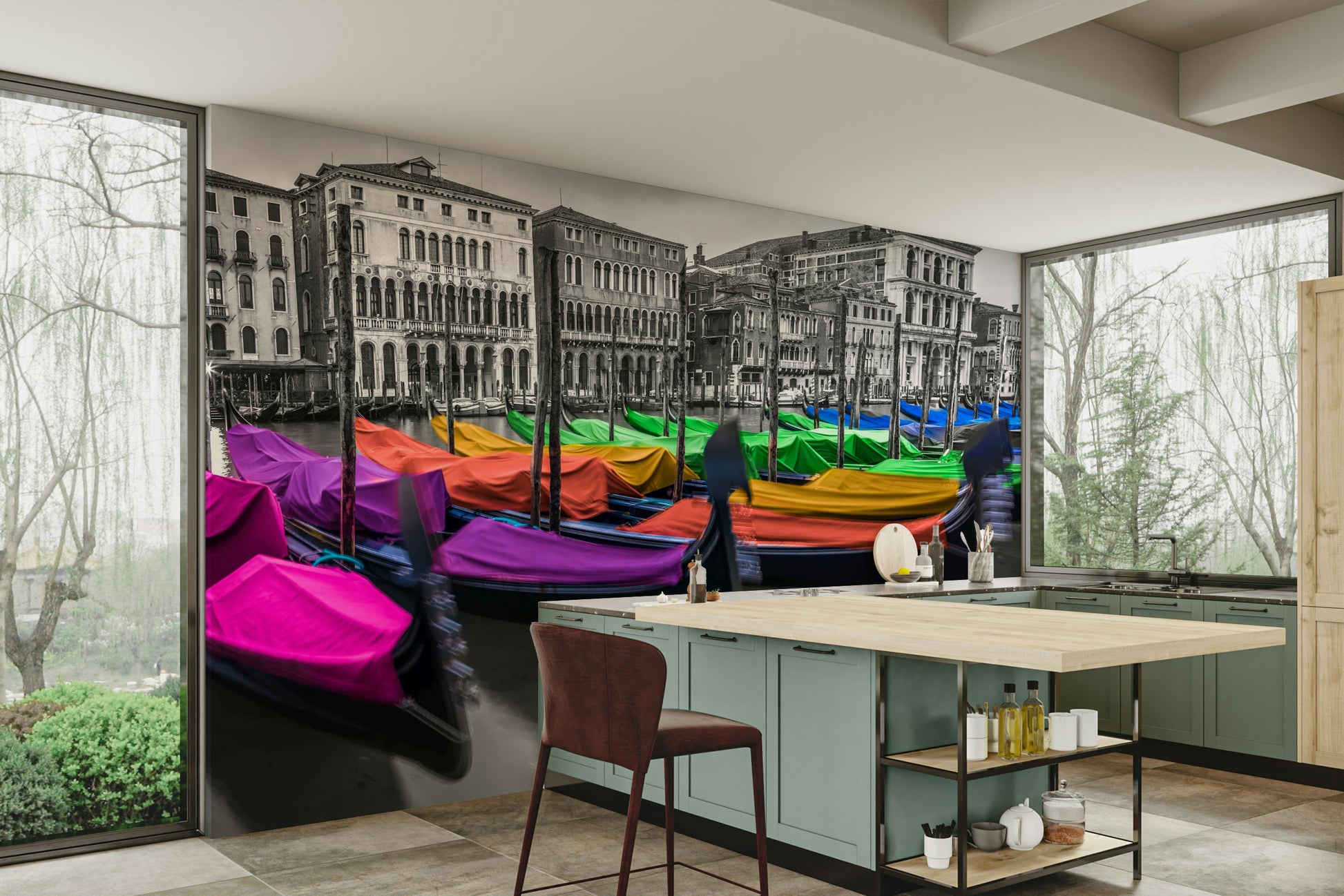 Detailed mural of Venice’s iconic gondolas in bold colors

