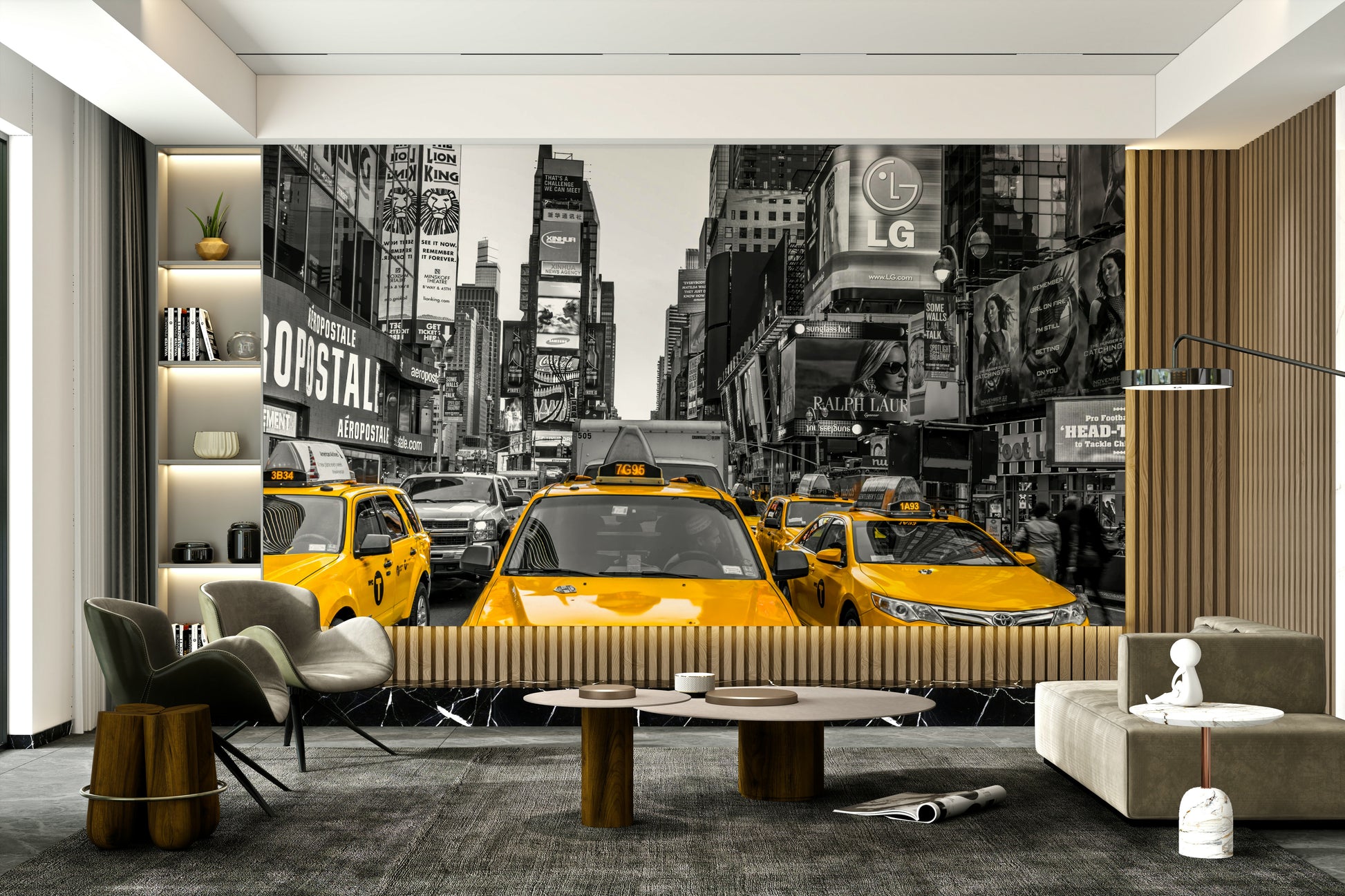 Iconic New York City street scene with bright billboards

