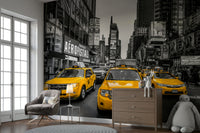 Times Square traffic scene with skyscrapers and taxis

