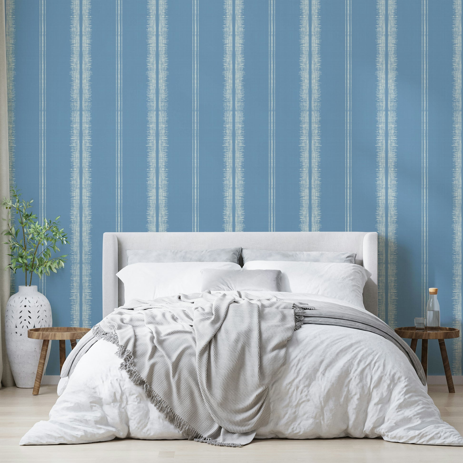 Subtle linen texture and French blue tones in boho striped design

