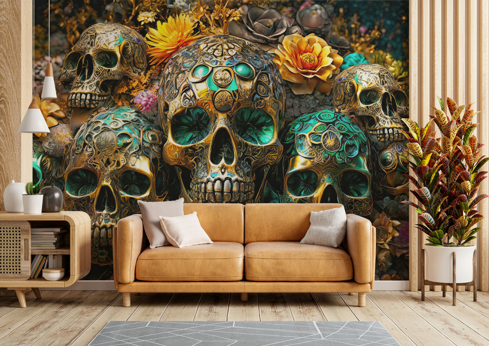 Golden Skulls & Floral Rhapsody Wall Mural