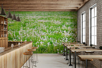 Peaceful wall mural with floral meadow view
