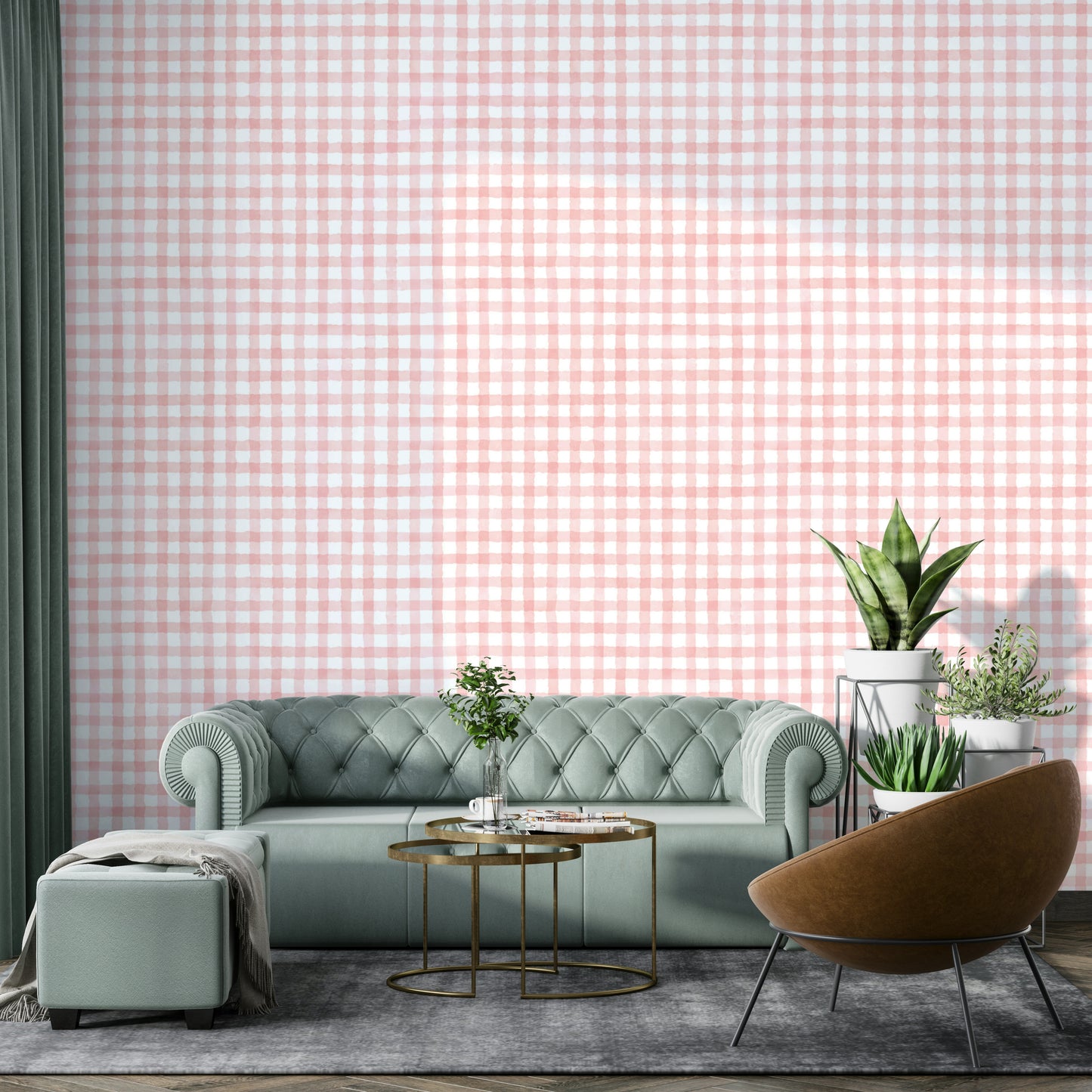 Farmhouse-style checkered wallpaper in pink
